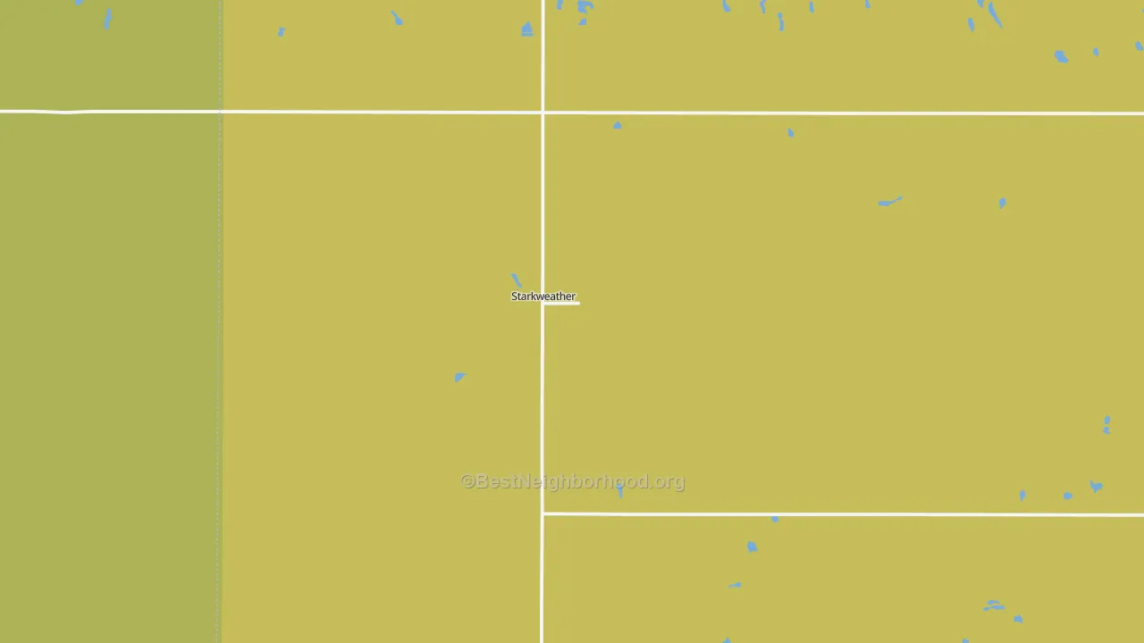 Map of the best neighborhoods in the 58377 area, with better matches in green and worse matches in red