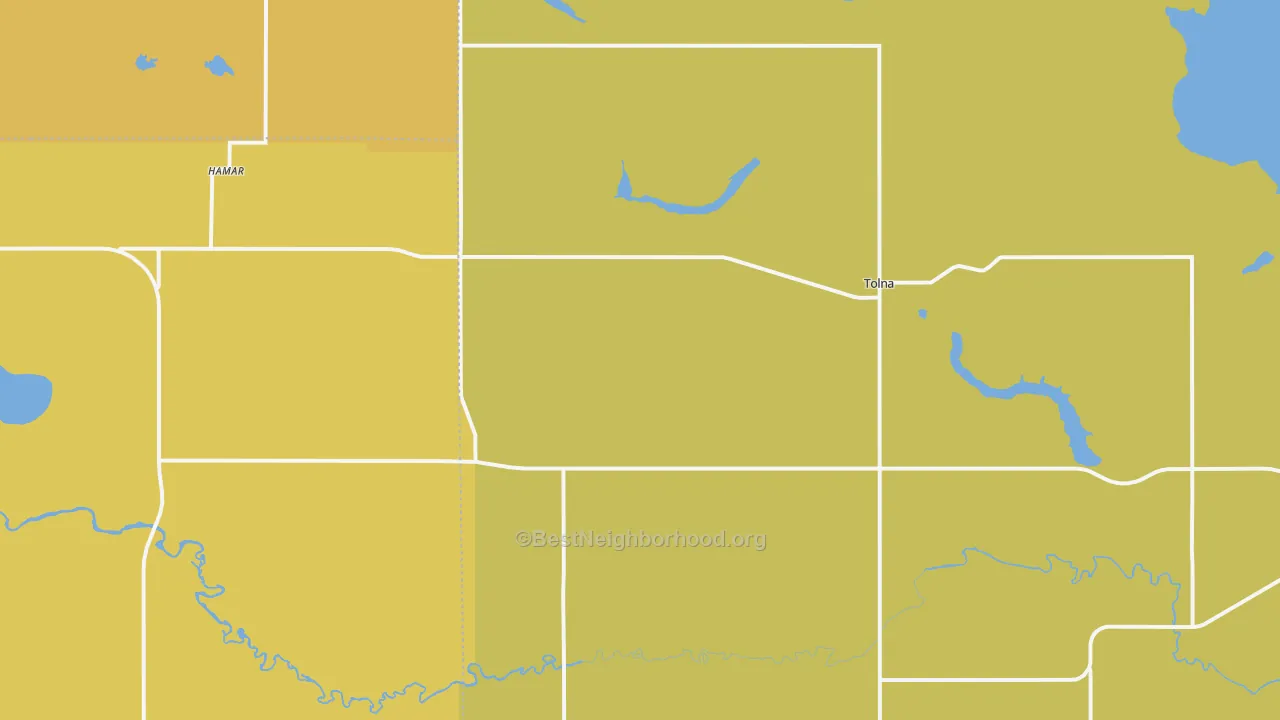 Map of the best neighborhoods in the 58380 area, with better matches in green and worse matches in red