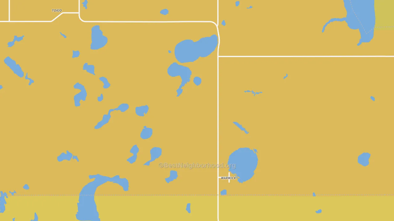 Map of the best neighborhoods in the 58381 area, with better matches in green and worse matches in red