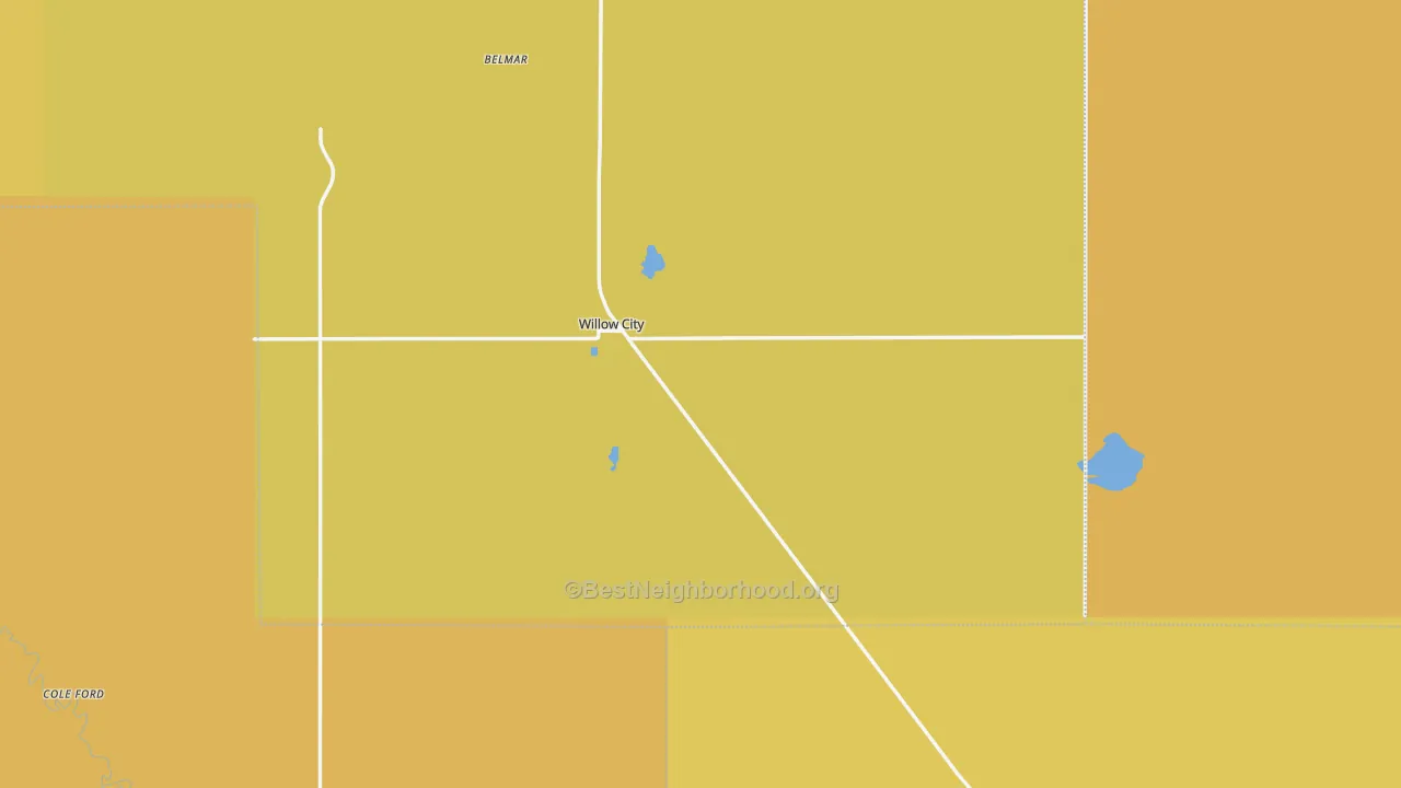 Map of the best neighborhoods in the 58384 area, with better matches in green and worse matches in red