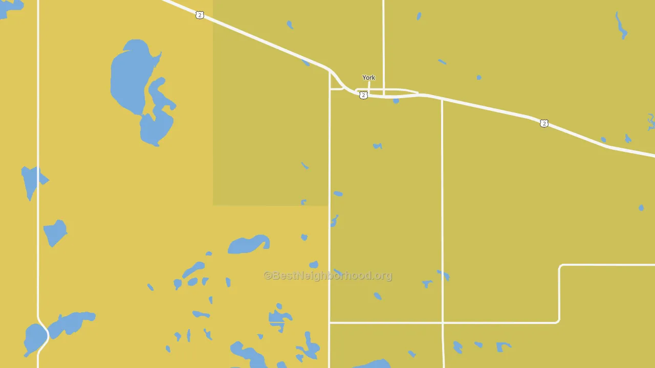 Map of the best neighborhoods in the 58386 area, with better matches in green and worse matches in red
