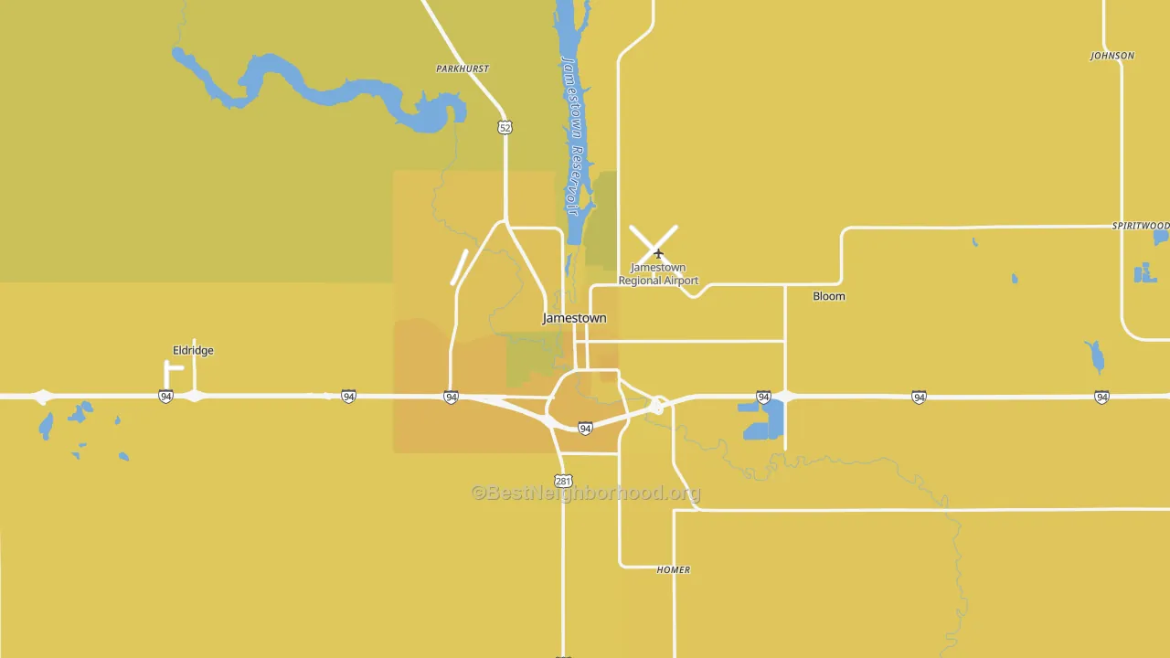Map of the best neighborhoods in the 58401 area, with better matches in green and worse matches in red
