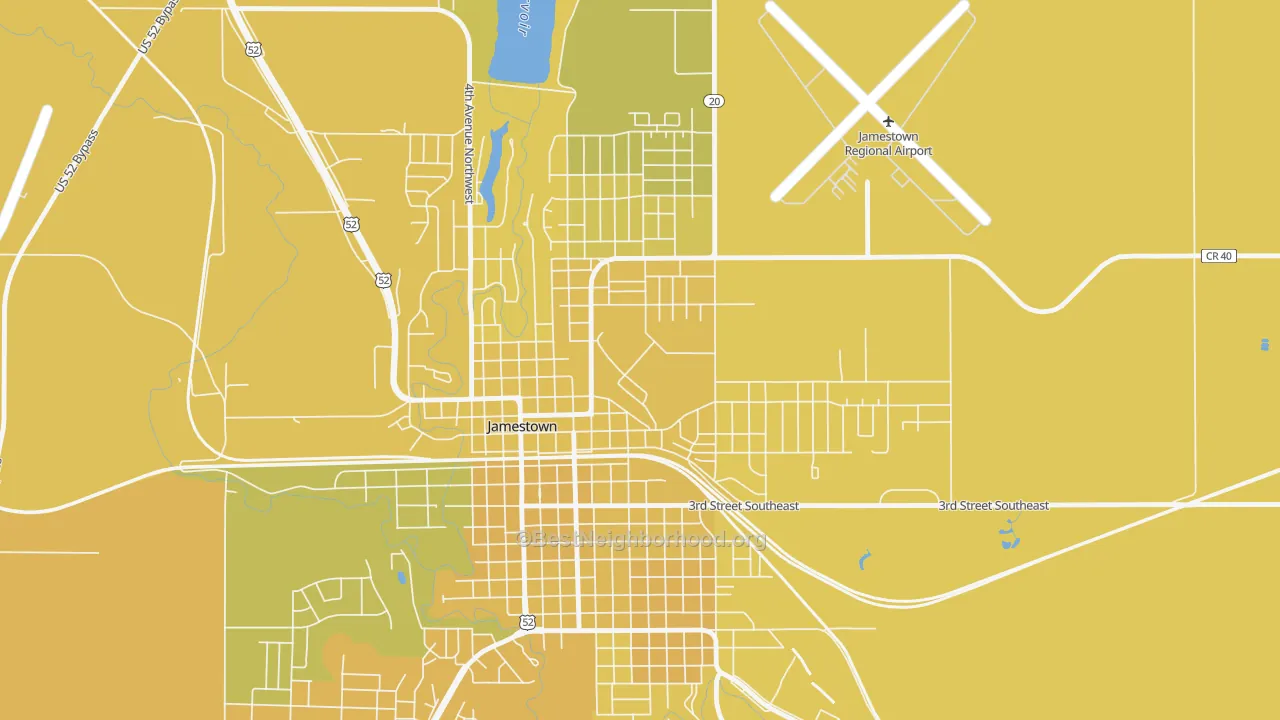 Map of the best neighborhoods in the 58405 area, with better matches in green and worse matches in red