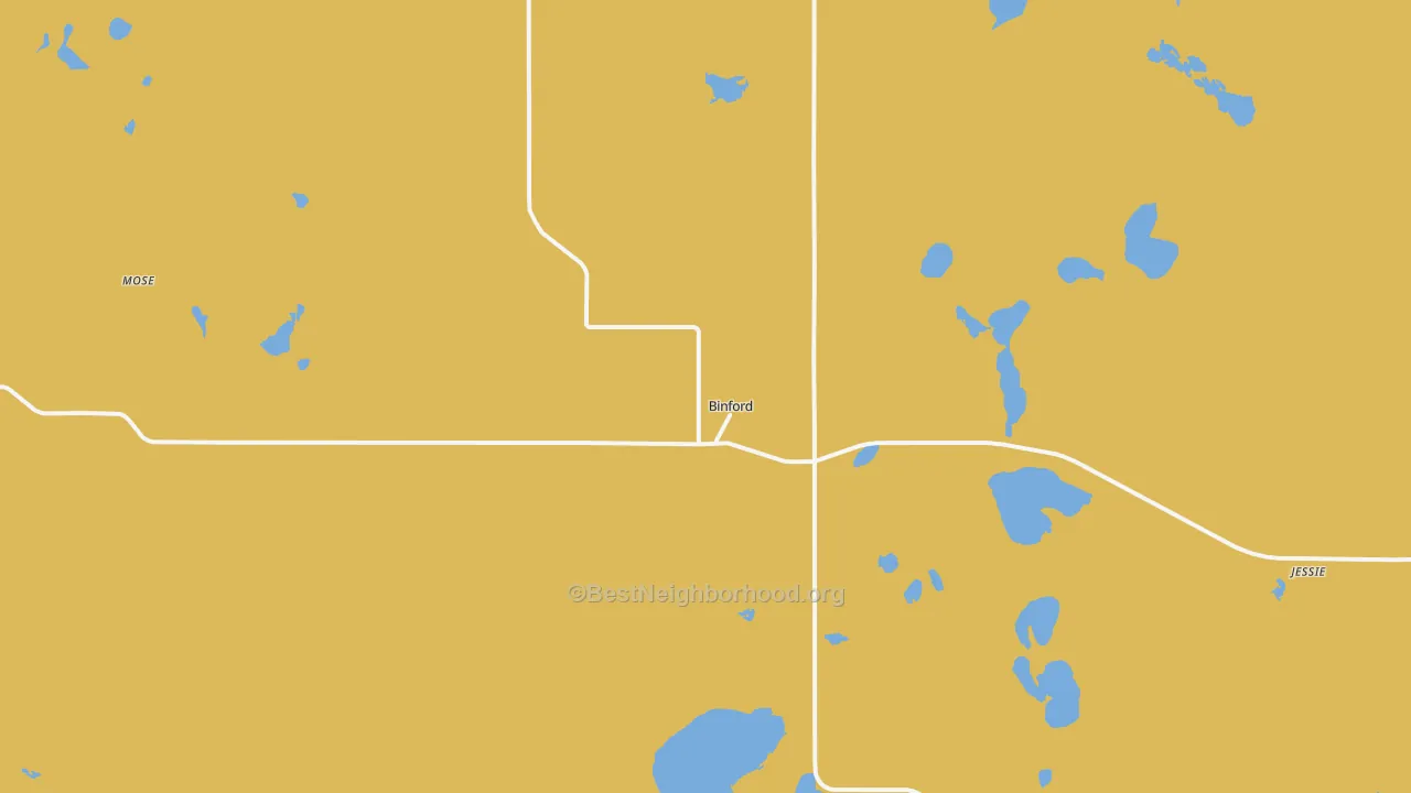 Map of the best neighborhoods in the 58416 area, with better matches in green and worse matches in red