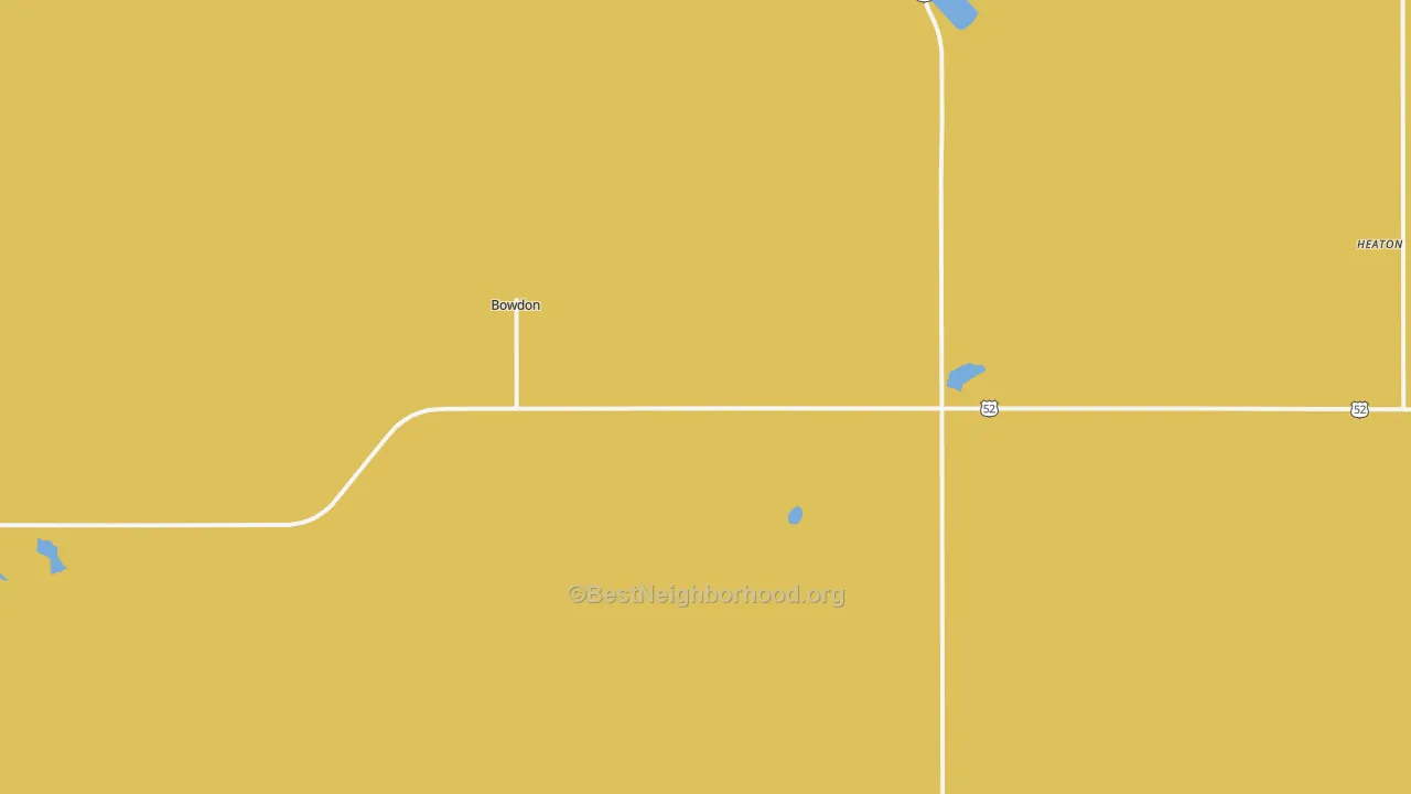 Map of the best neighborhoods in the 58418 area, with better matches in green and worse matches in red
