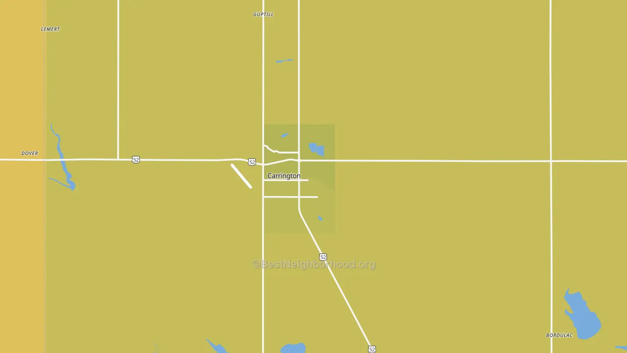 Map of the best neighborhoods in the 58421 area, with better matches in green and worse matches in red