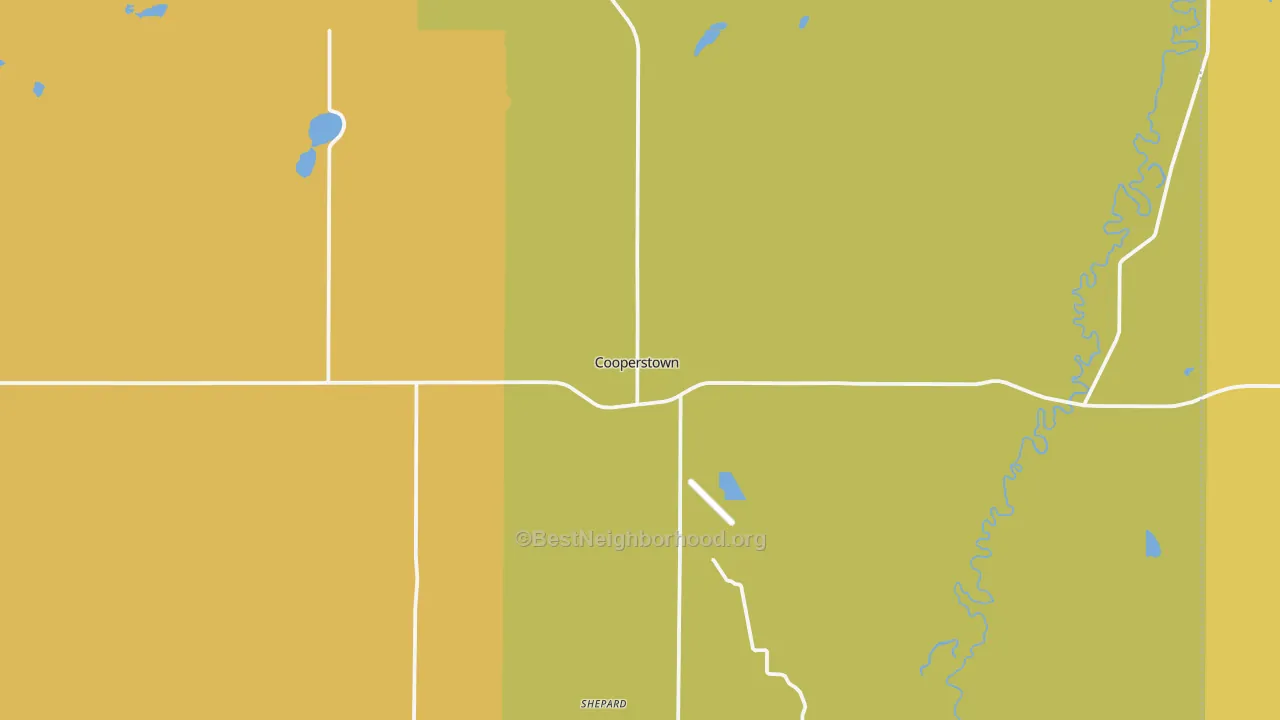 Map of the best neighborhoods in the 58425 area, with better matches in green and worse matches in red