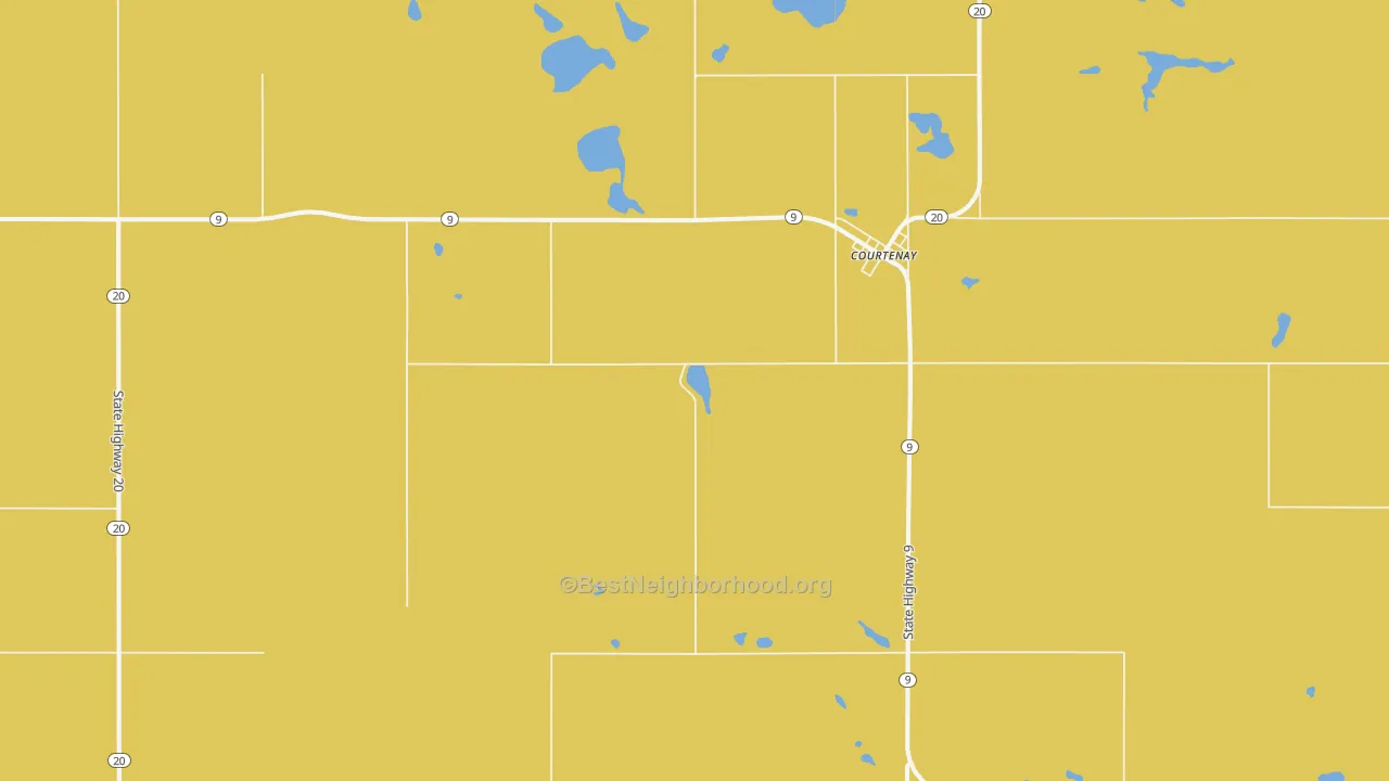 Map of the best neighborhoods in the 58426 area, with better matches in green and worse matches in red