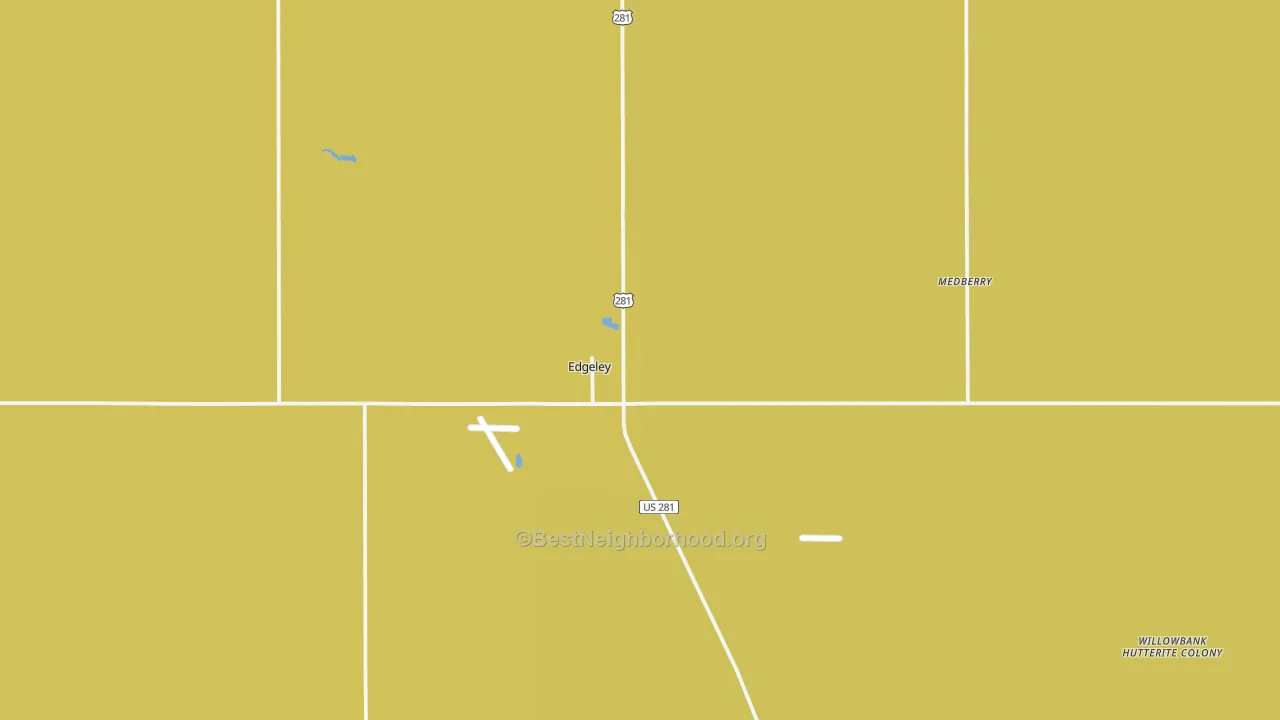 Map of the best neighborhoods in the 58433 area, with better matches in green and worse matches in red