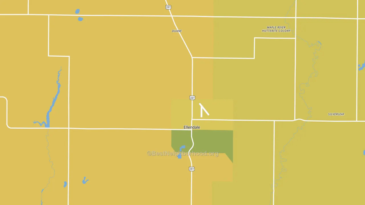 Map of the best neighborhoods in the 58436 area, with better matches in green and worse matches in red
