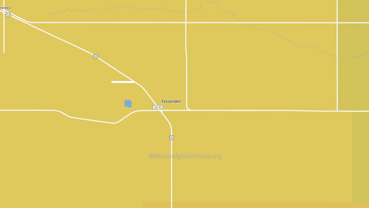Map of the best neighborhoods in the 58438 area, with better matches in green and worse matches in red