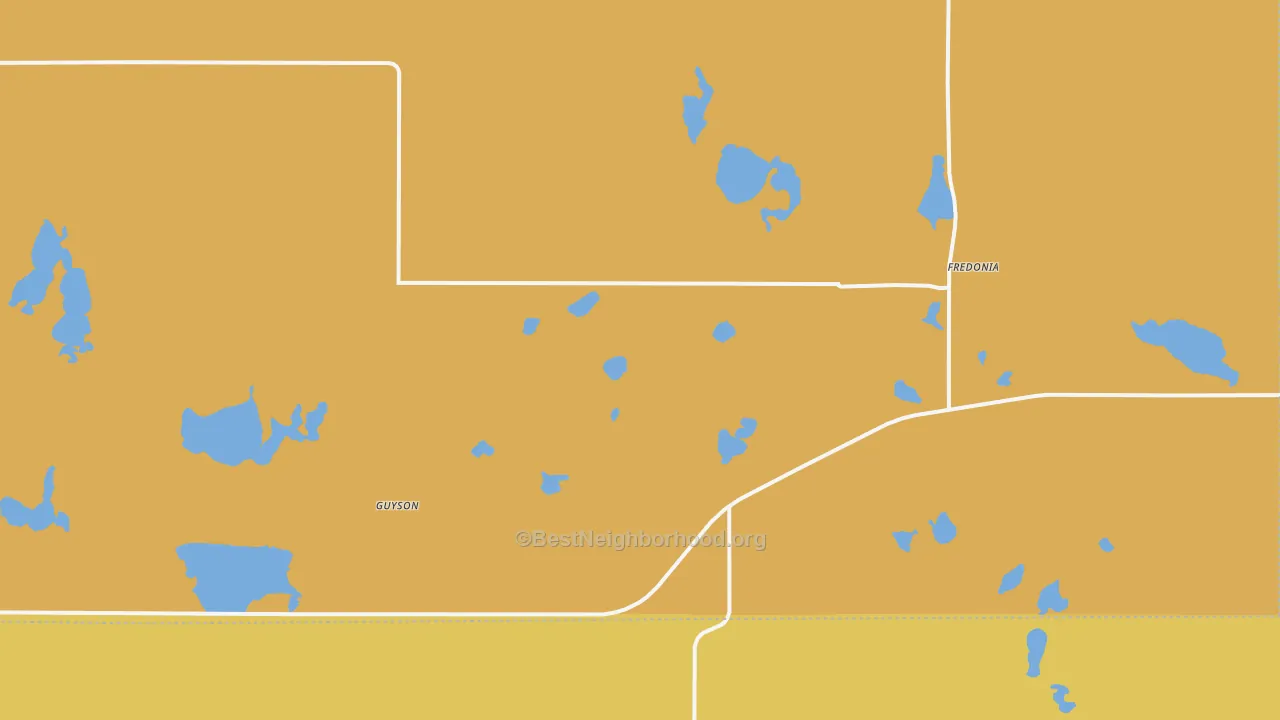 Map of the best neighborhoods in the 58440 area, with better matches in green and worse matches in red