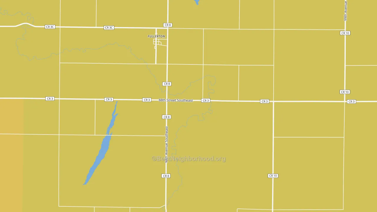 Map of the best neighborhoods in the 58441 area, with better matches in green and worse matches in red