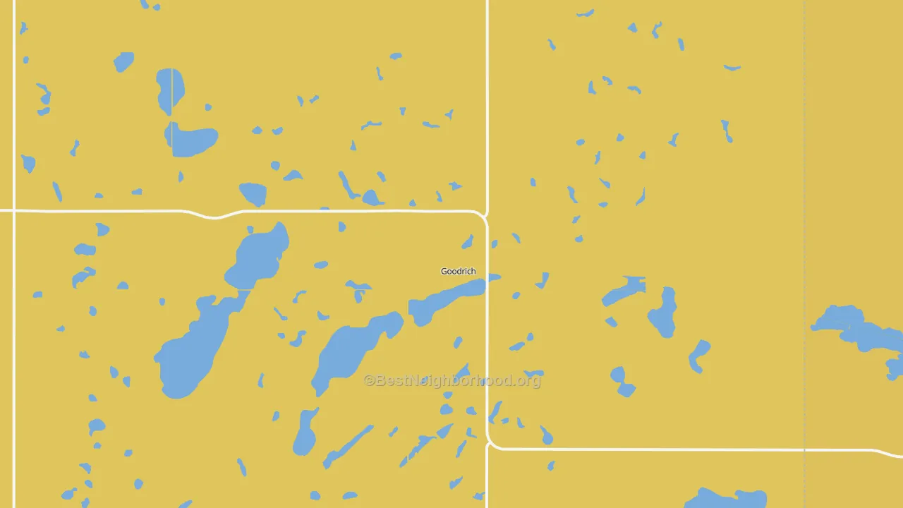 Map of the best neighborhoods in the 58444 area, with better matches in green and worse matches in red