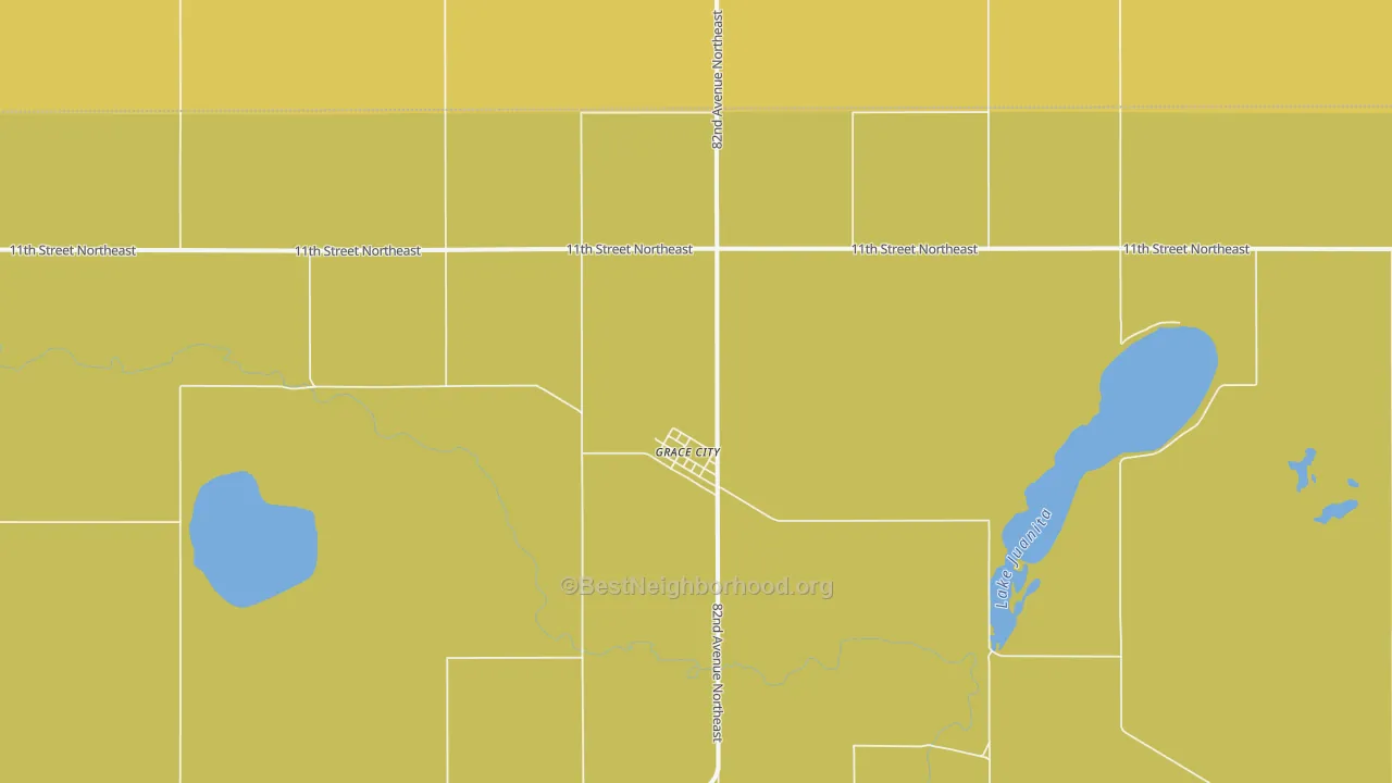 Map of the best neighborhoods in the 58445 area, with better matches in green and worse matches in red