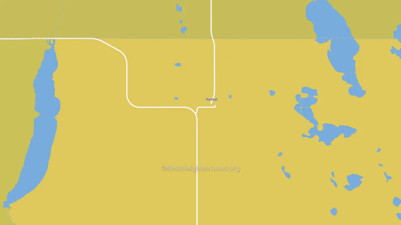 Map of the best neighborhoods in the 58455 area, with better matches in green and worse matches in red