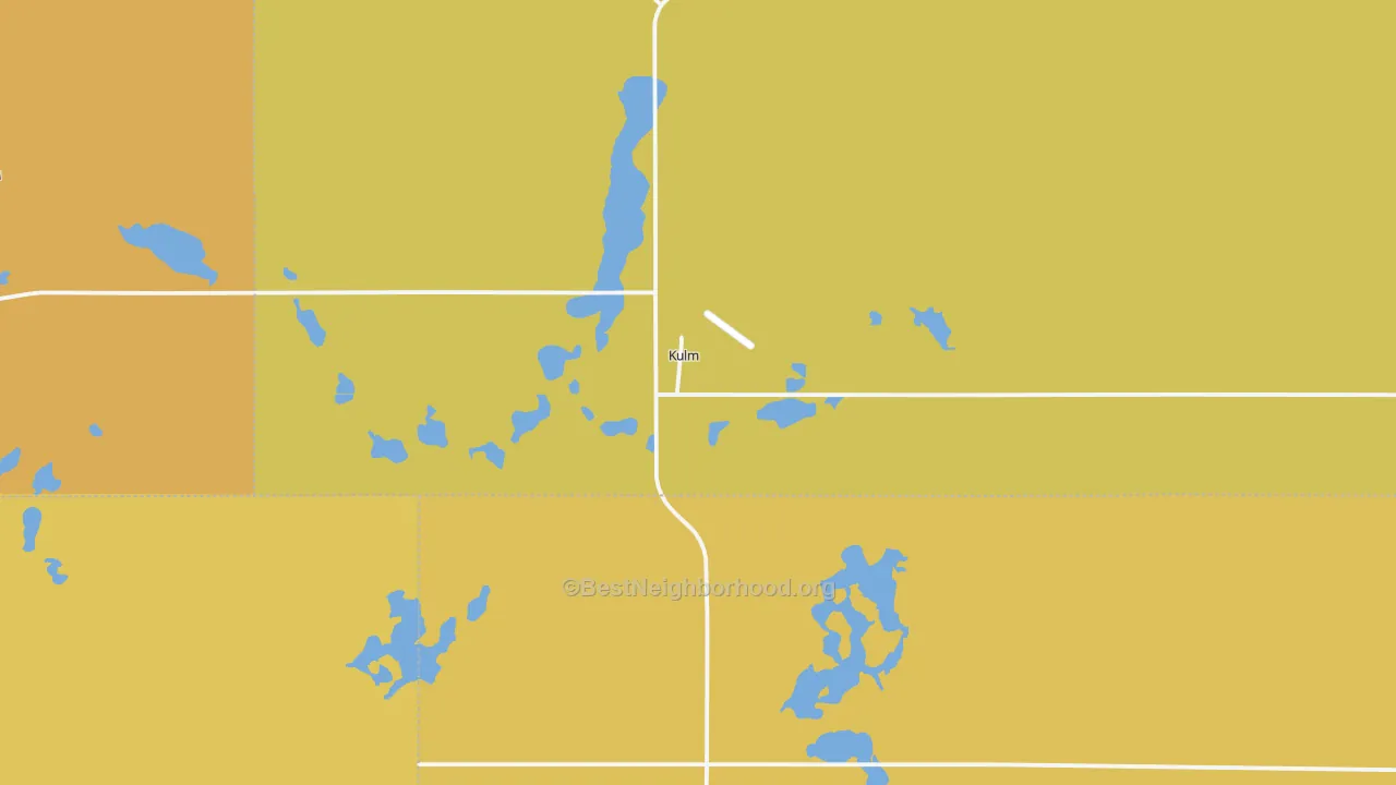 Map of the best neighborhoods in the 58456 area, with better matches in green and worse matches in red