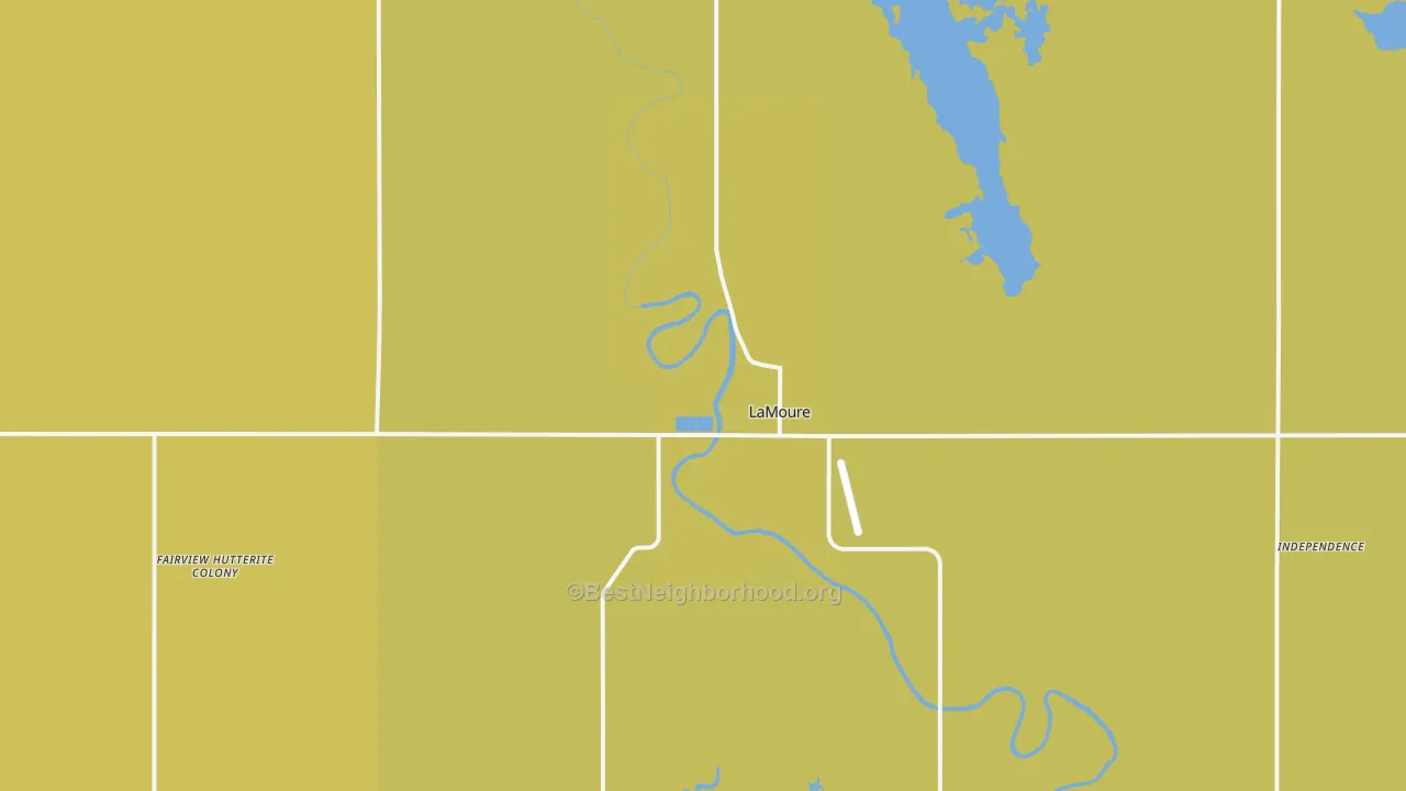 Map of the best neighborhoods in the 58458 area, with better matches in green and worse matches in red