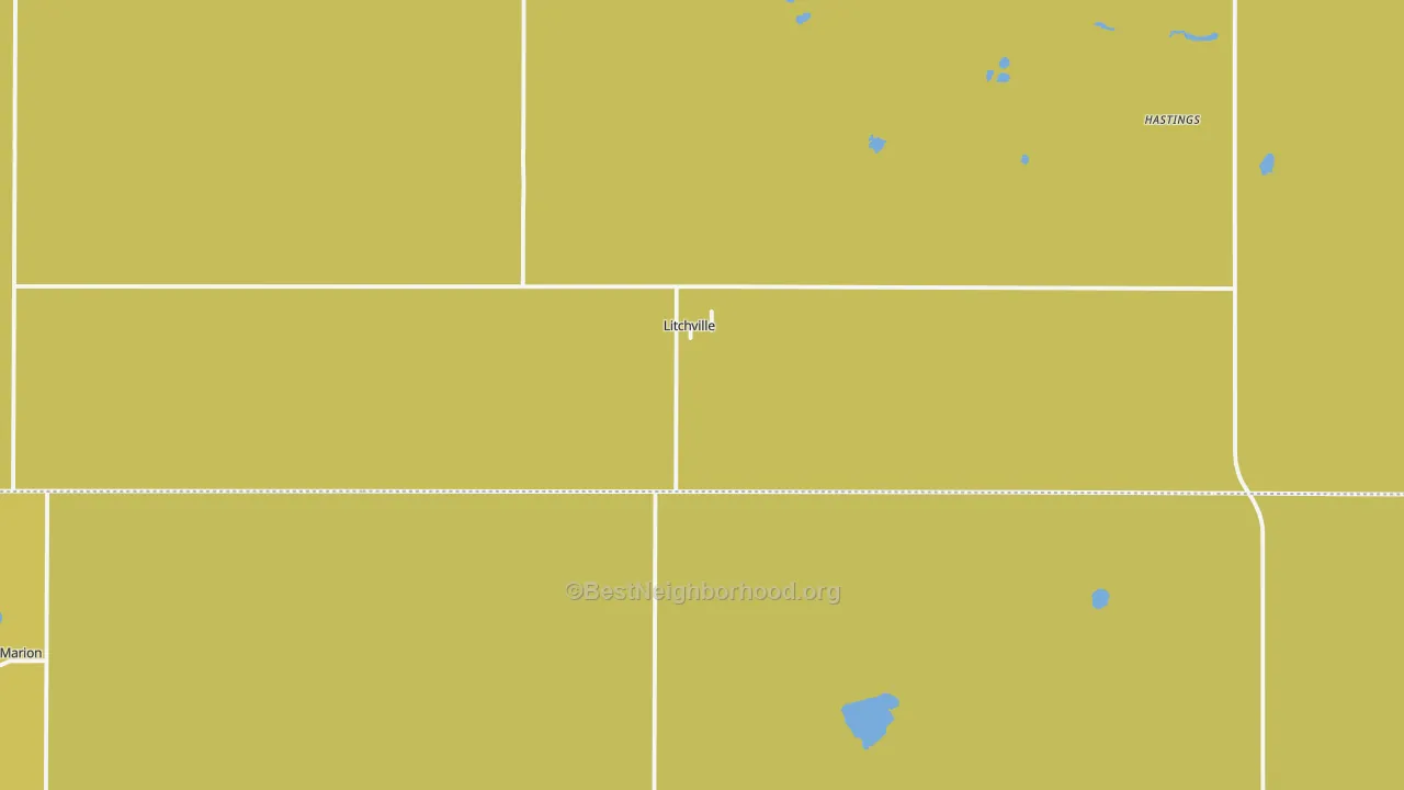 Map of the best neighborhoods in the 58461 area, with better matches in green and worse matches in red