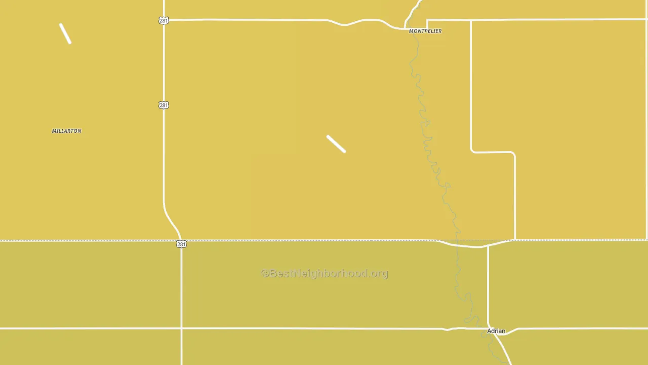 Map of the best neighborhoods in the 58472 area, with better matches in green and worse matches in red