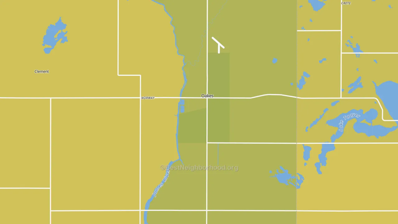 Map of the best neighborhoods in the 58474 area, with better matches in green and worse matches in red