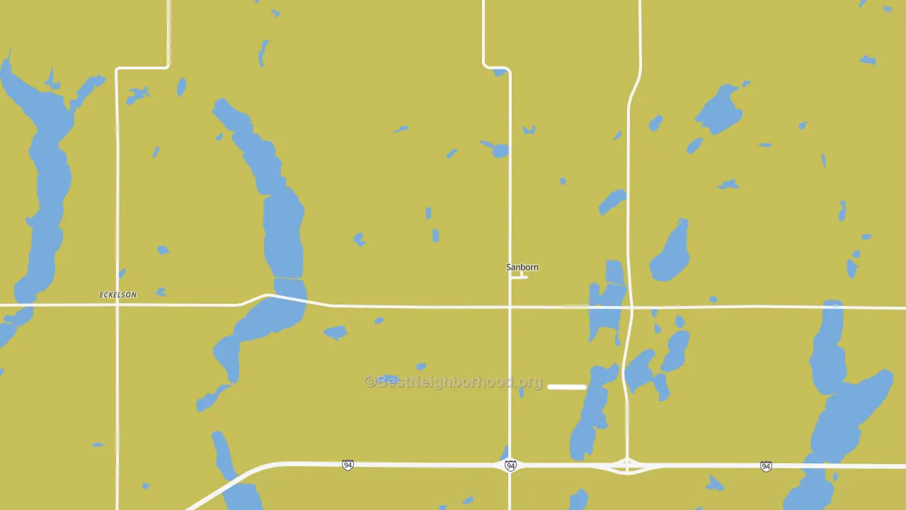 Map of the best neighborhoods in the 58480 area, with better matches in green and worse matches in red