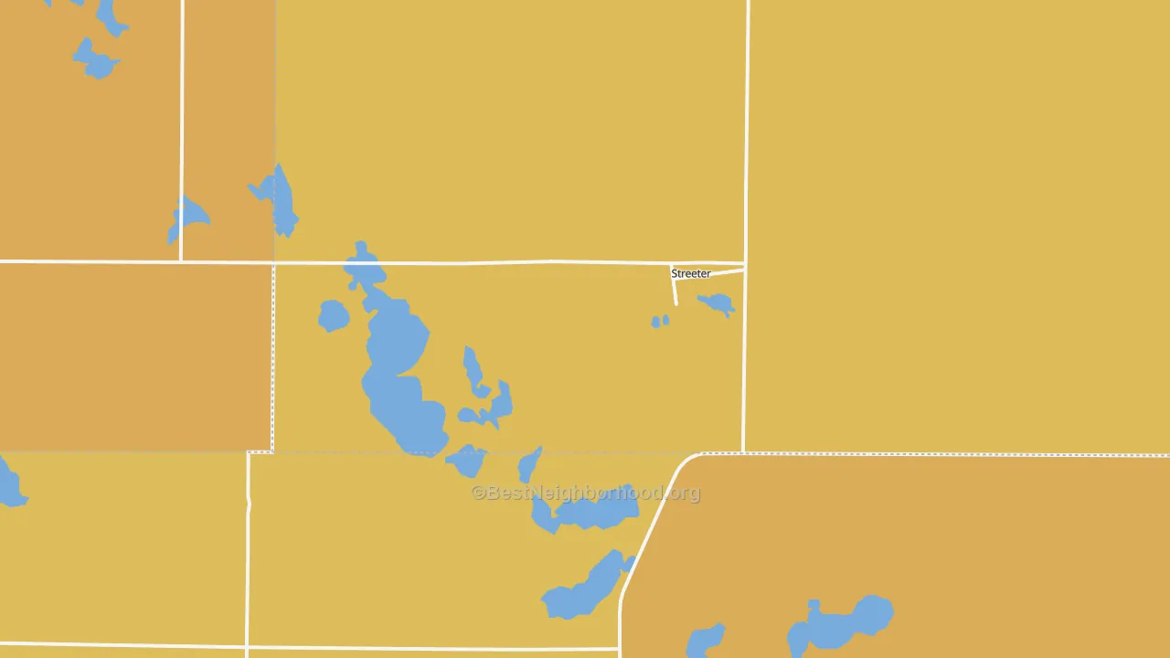 Map of the best neighborhoods in the 58483 area, with better matches in green and worse matches in red