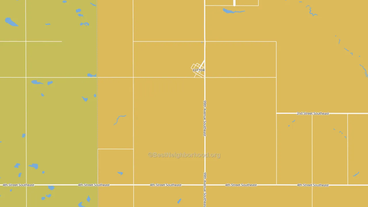 Map of the best neighborhoods in the 58484 area, with better matches in green and worse matches in red