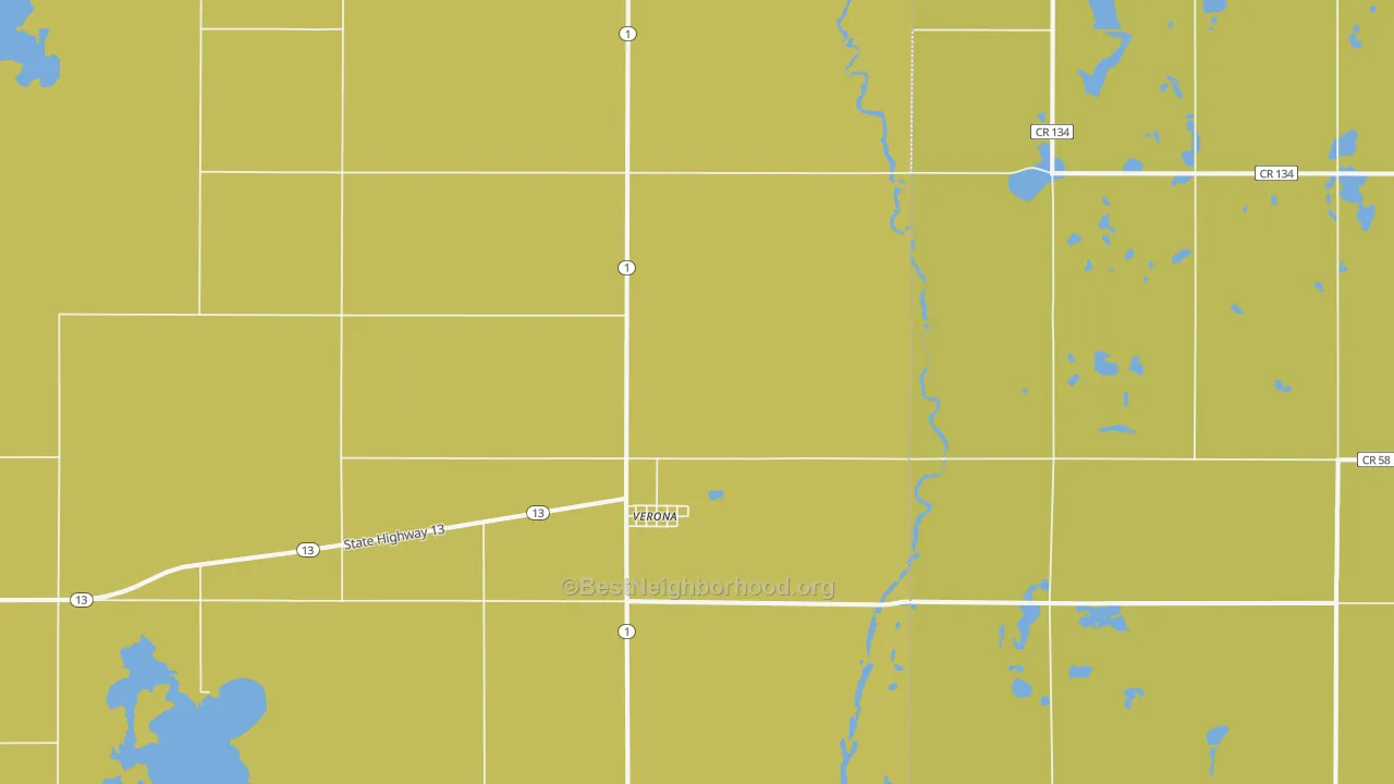 Map of the best neighborhoods in the 58490 area, with better matches in green and worse matches in red
