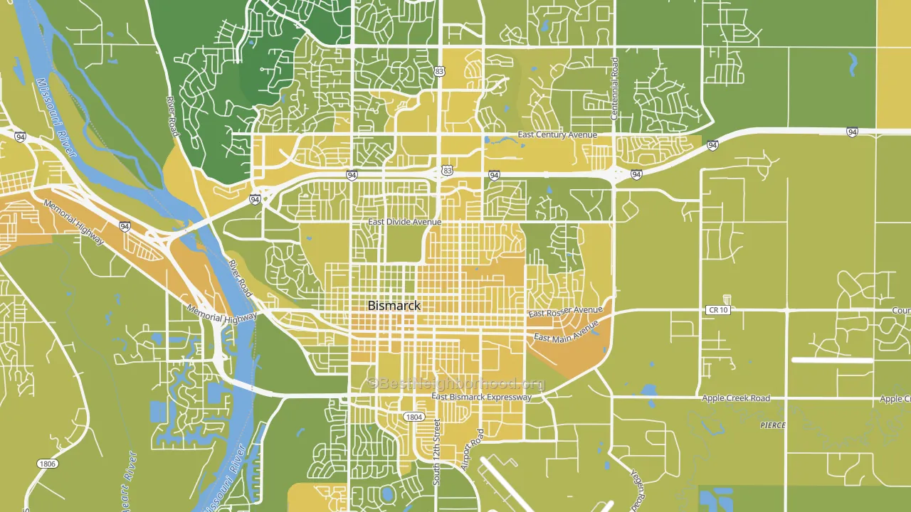 Map of the best neighborhoods in the 58501 area, with better matches in green and worse matches in red