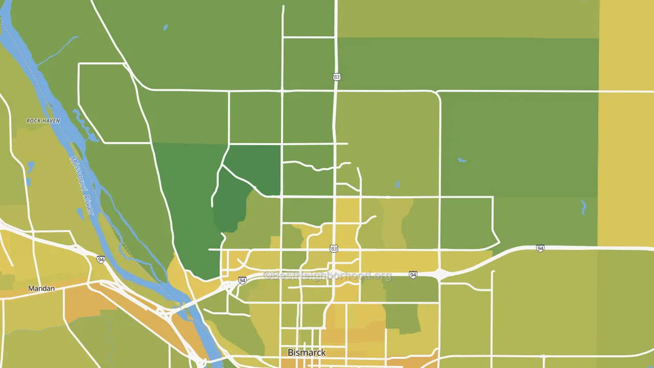 Map of the best neighborhoods in the 58503 area, with better matches in green and worse matches in red