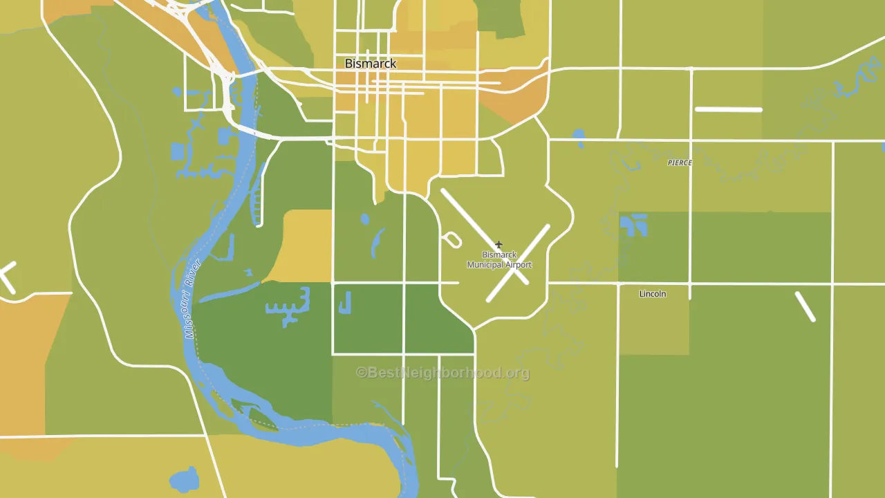 Map of the best neighborhoods in the 58504 area, with better matches in green and worse matches in red