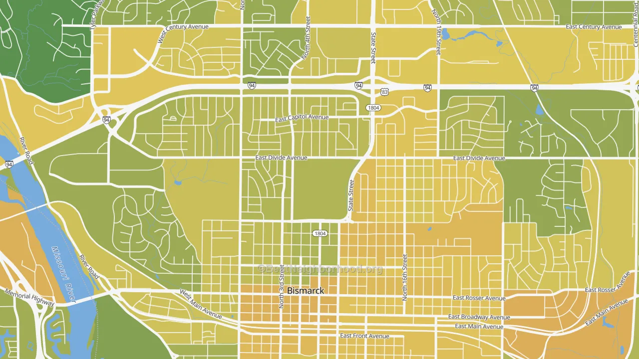 Map of the best neighborhoods in the 58505 area, with better matches in green and worse matches in red