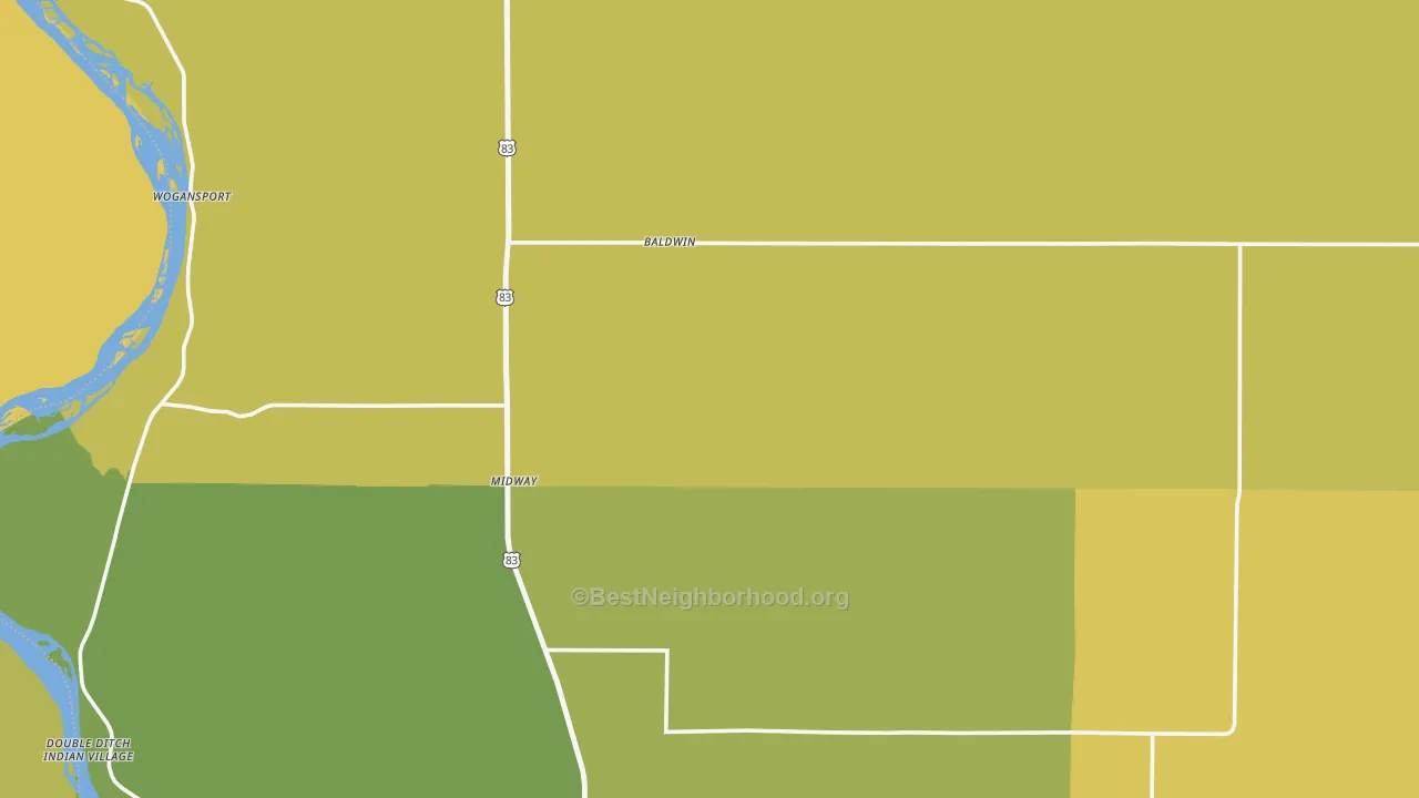 Map of the best neighborhoods in the 58521 area, with better matches in green and worse matches in red