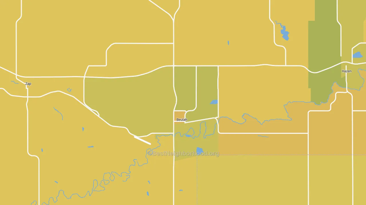 Map of the best neighborhoods in the 58523 area, with better matches in green and worse matches in red