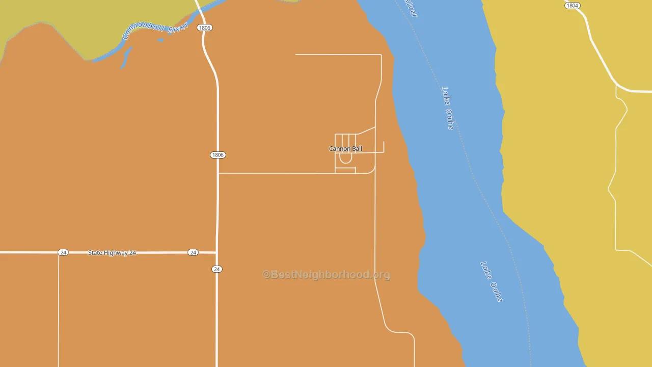 Map of the best neighborhoods in the 58528 area, with better matches in green and worse matches in red
