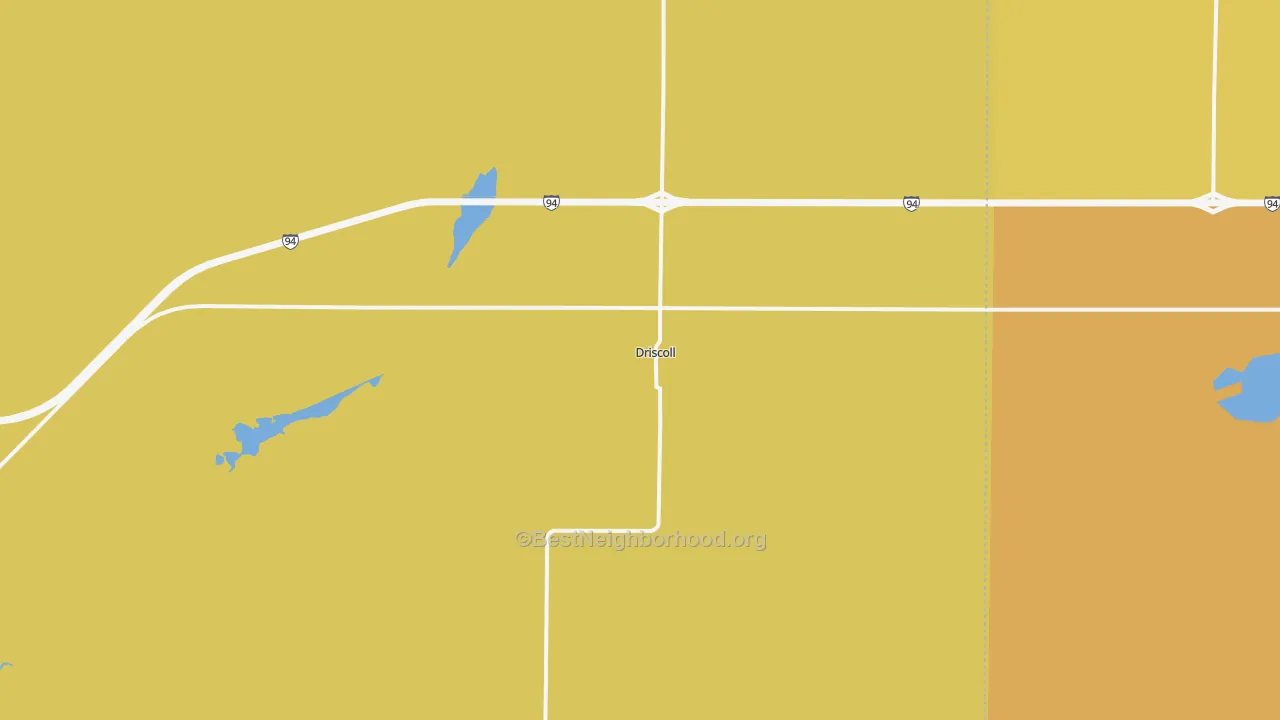 Map of the best neighborhoods in the 58532 area, with better matches in green and worse matches in red