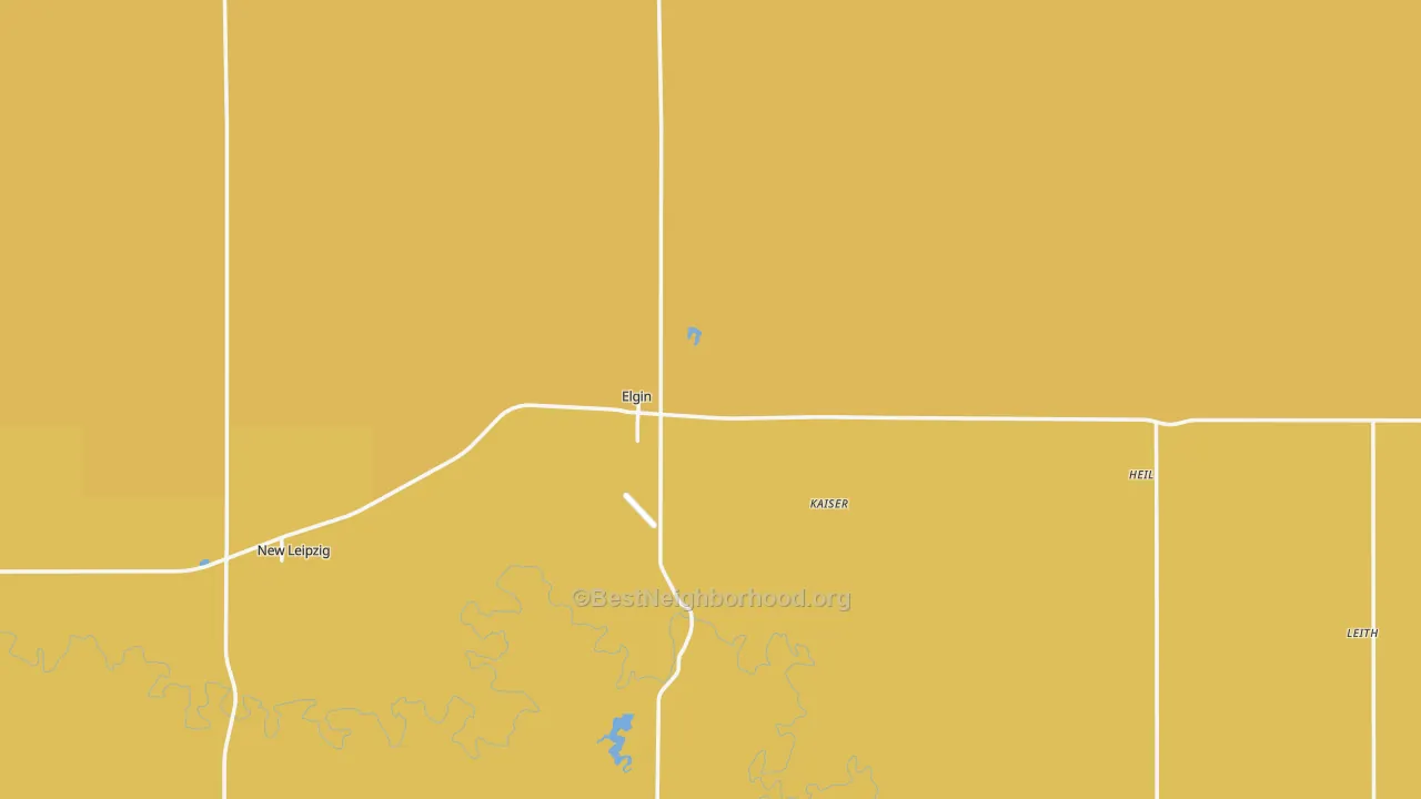 Map of the best neighborhoods in the 58533 area, with better matches in green and worse matches in red
