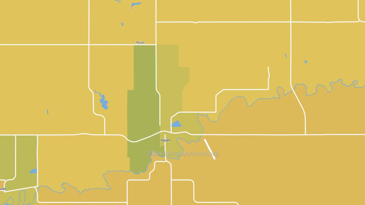 Map of the best neighborhoods in the 58545 area, with better matches in green and worse matches in red