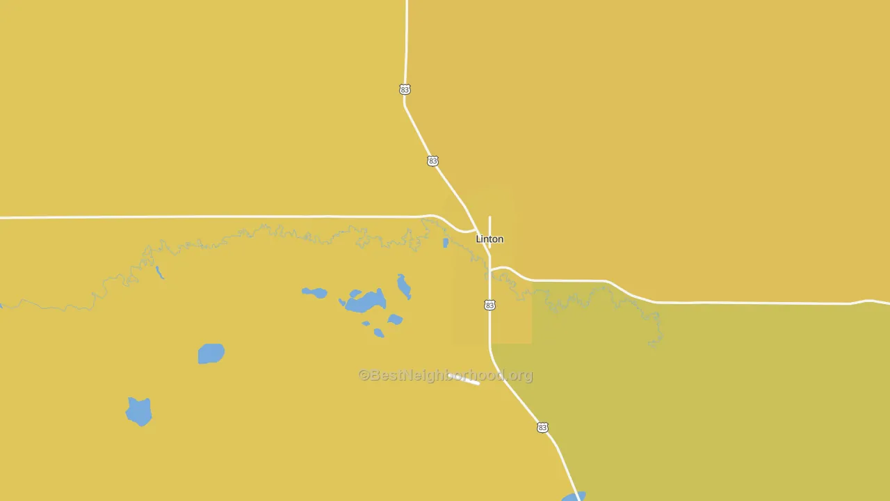 Map of the best neighborhoods in the 58552 area, with better matches in green and worse matches in red