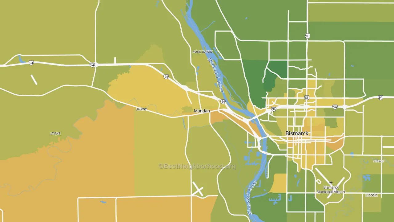 Map of the best neighborhoods in the 58554 area, with better matches in green and worse matches in red