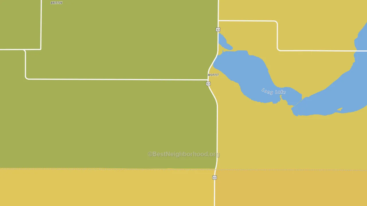 Map of the best neighborhoods in the 58560 area, with better matches in green and worse matches in red