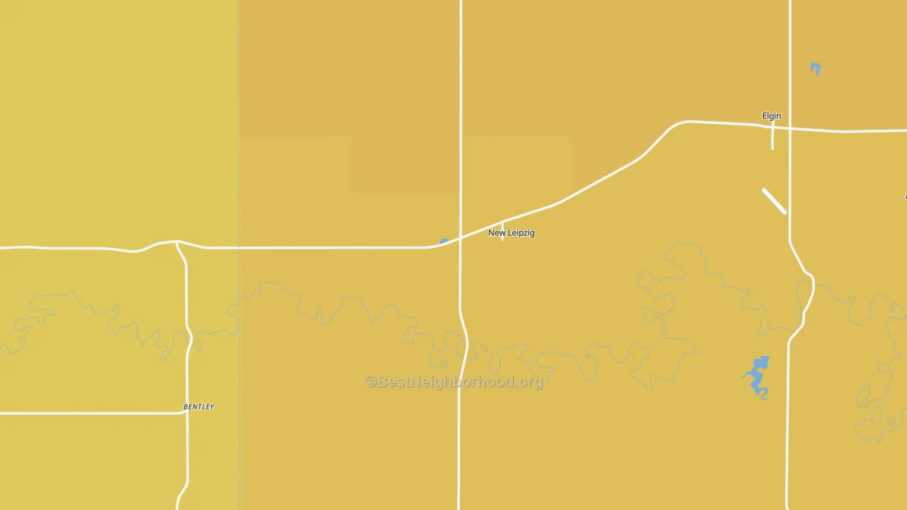 Map of the best neighborhoods in the 58562 area, with better matches in green and worse matches in red