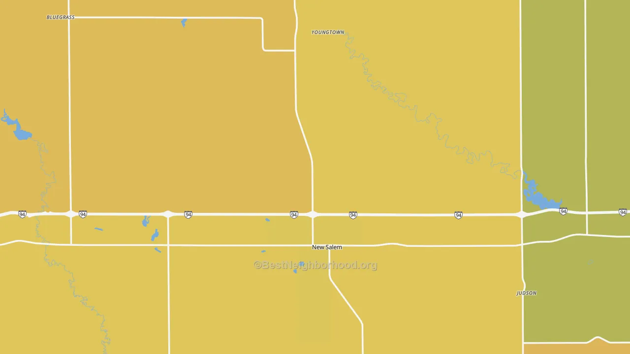Map of the best neighborhoods in the 58563 area, with better matches in green and worse matches in red