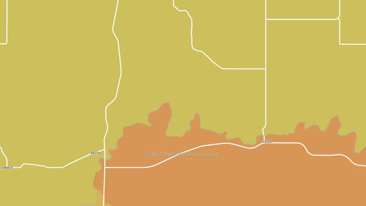Map of the best neighborhoods in the 58570 area, with better matches in green and worse matches in red