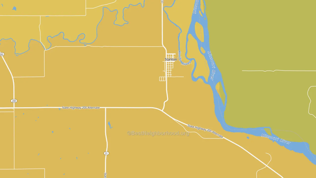 Map of the best neighborhoods in the 58571 area, with better matches in green and worse matches in red