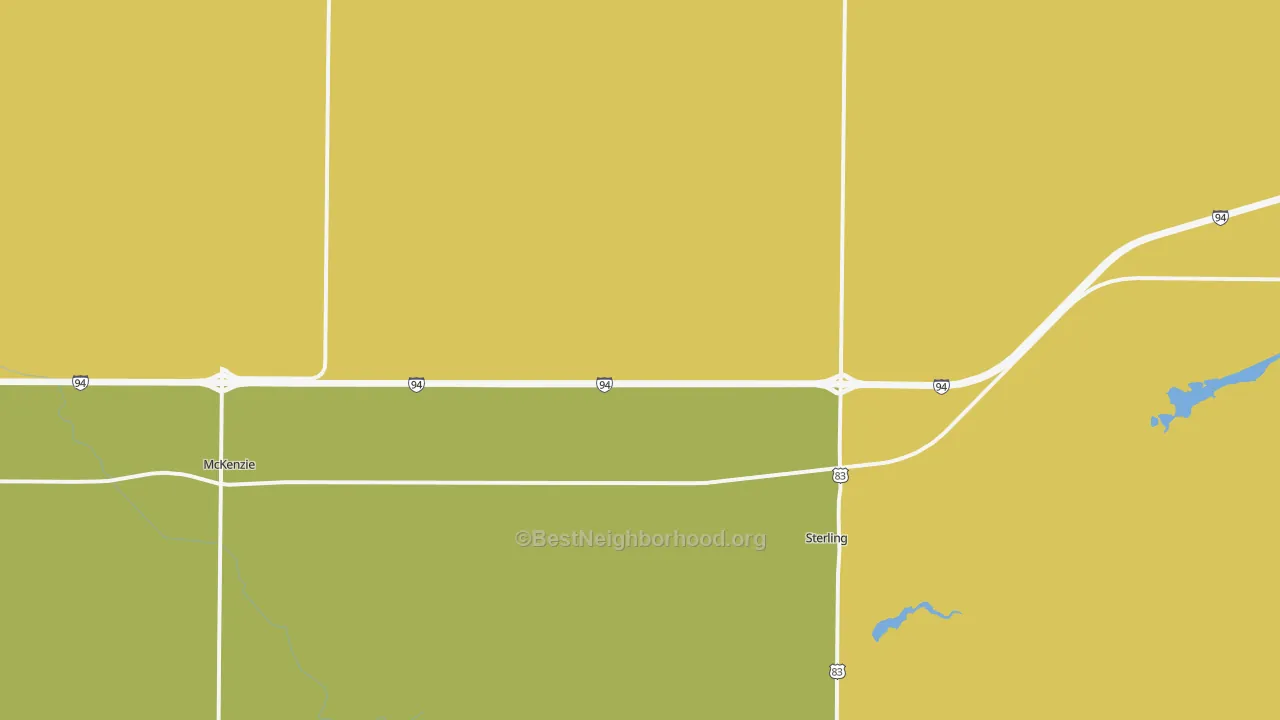 Map of the best neighborhoods in the 58572 area, with better matches in green and worse matches in red