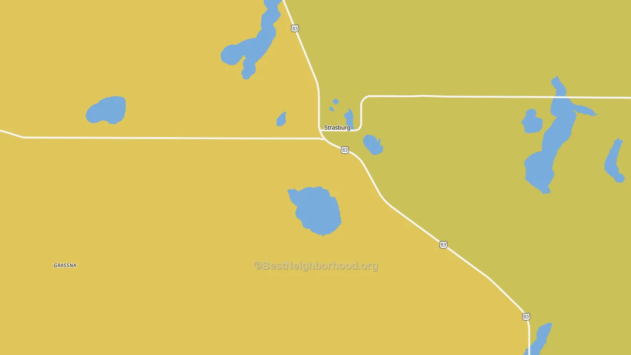 Map of the best neighborhoods in the 58573 area, with better matches in green and worse matches in red