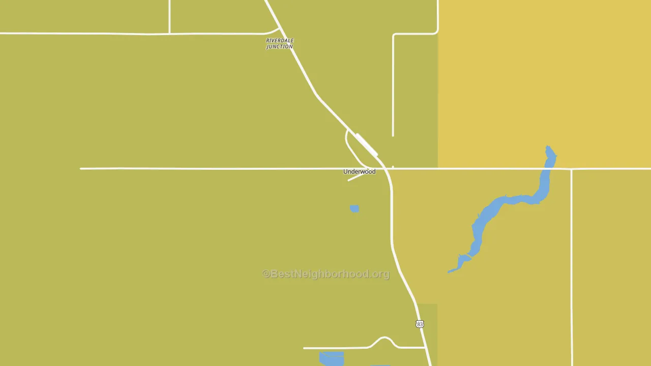 Map of the best neighborhoods in the 58576 area, with better matches in green and worse matches in red