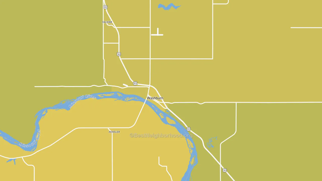 Map of the best neighborhoods in the 58577 area, with better matches in green and worse matches in red